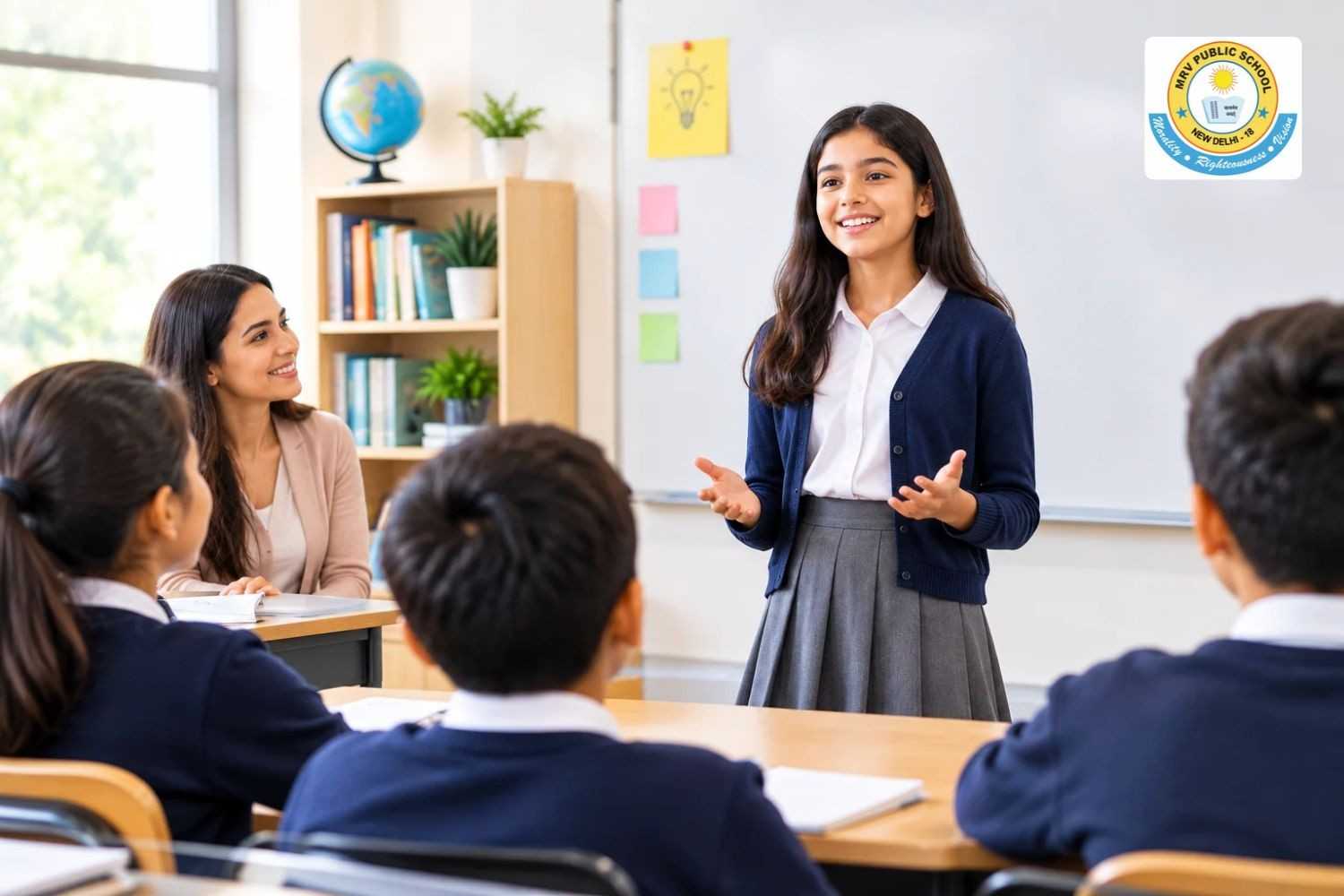 Students introducing themselves in a classroom in front of their teacher and classmates.