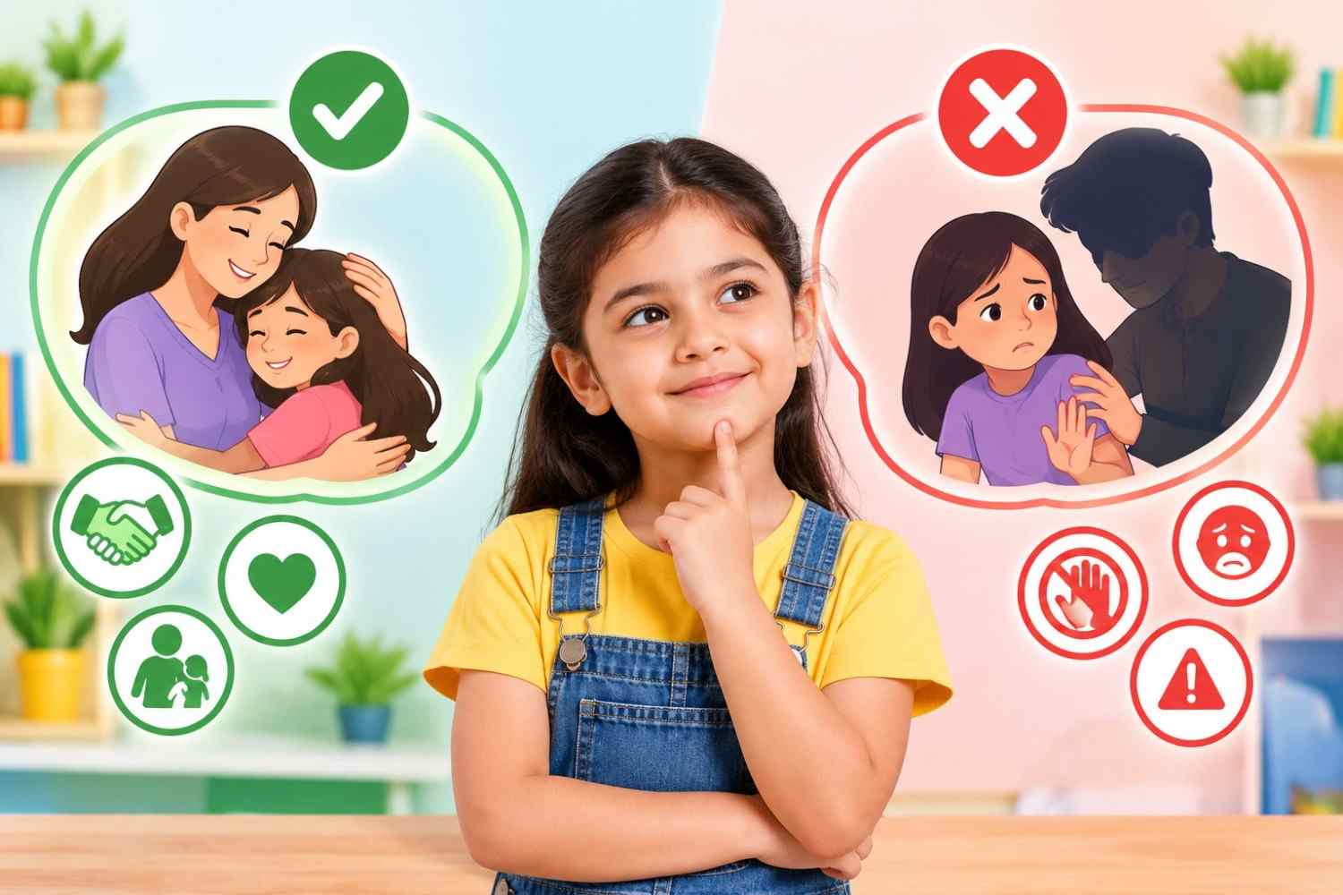 Child-friendly educational illustration teaching children about good touch, bad touch and personal body safety.